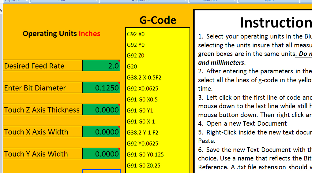 G-Code Generator Excel Spreadsheet Without Touch Plate -